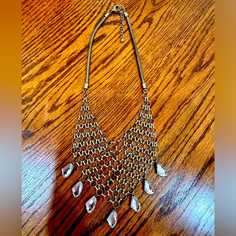 Vintage costume necklace..gold toned mesh choker with hanging gemstones
